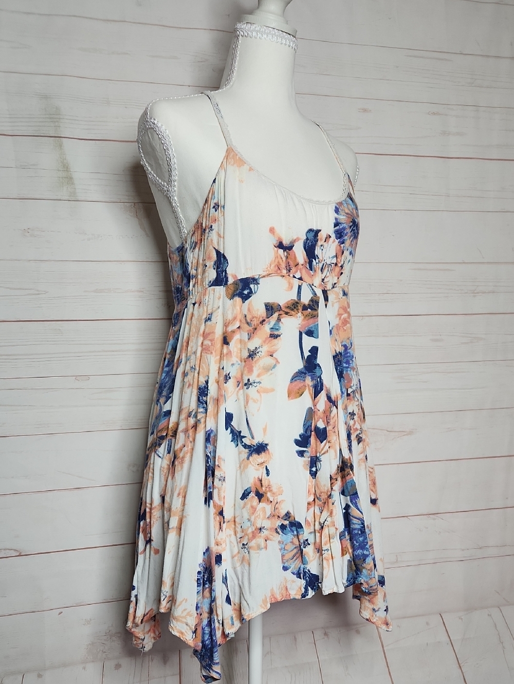 O'Neill White Asymmetrical Floral Sundress with Peach & Navy Floral Print Medium